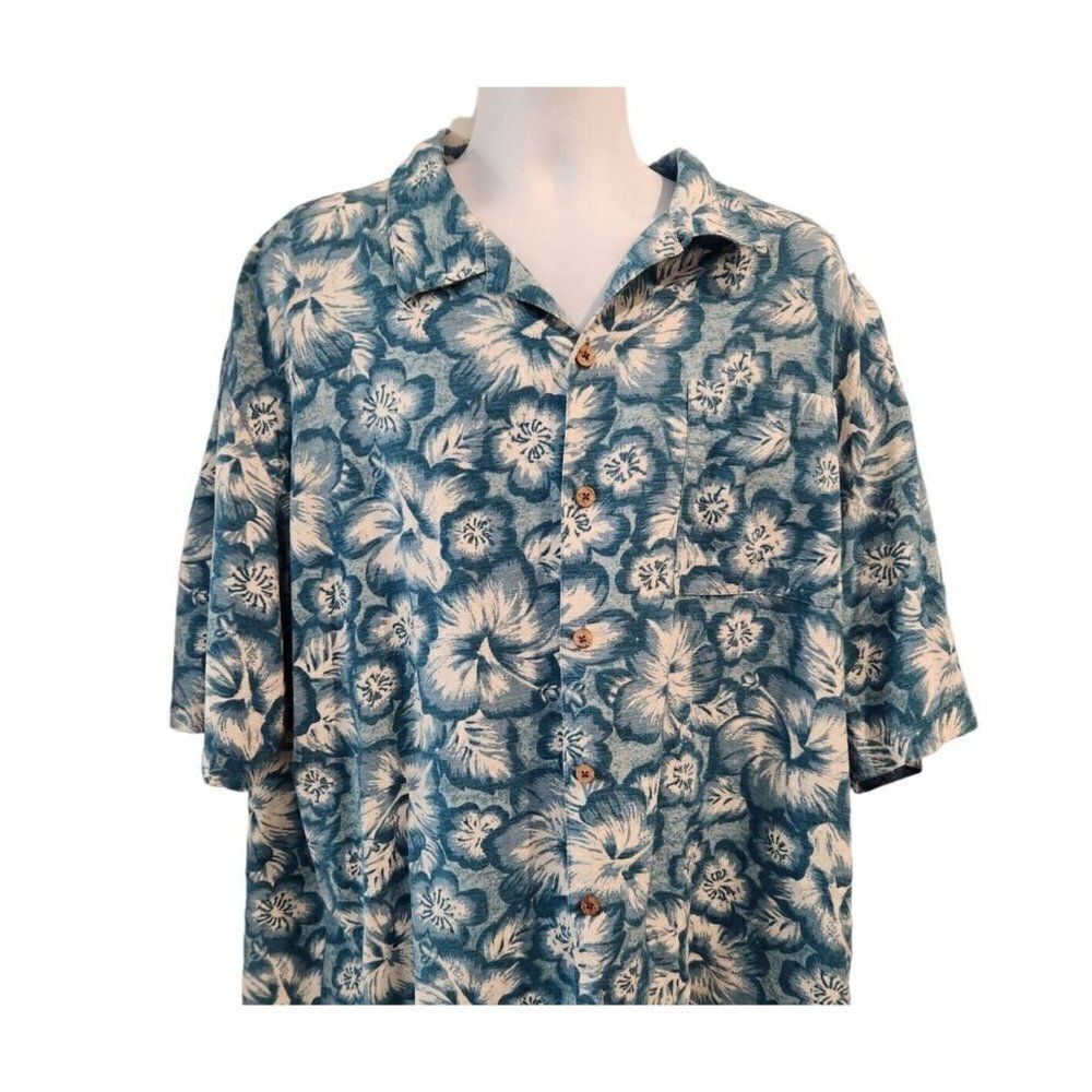 Pusser West Indies Mens Blue White Floral Hawaiian Silk Shirt XL Aloha Hibiscus